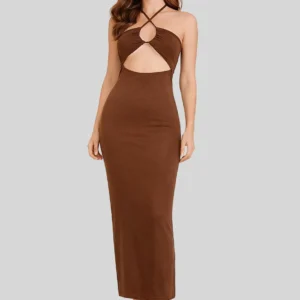 Cut-out Solid Brown Tie-up Dress