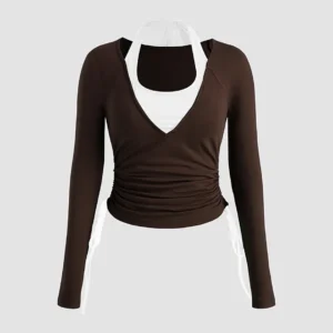 Contrast Drawstring Ruched Brown Top