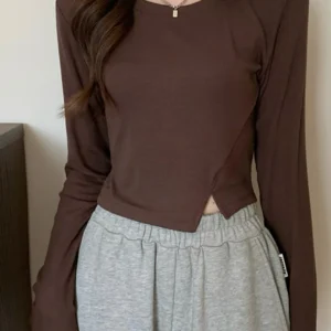 Solid Brown Triangular-cut-hem Front T-shirt