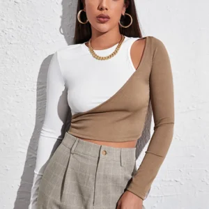 Colourblocked Beige Cut-out Shoulder T-shirt